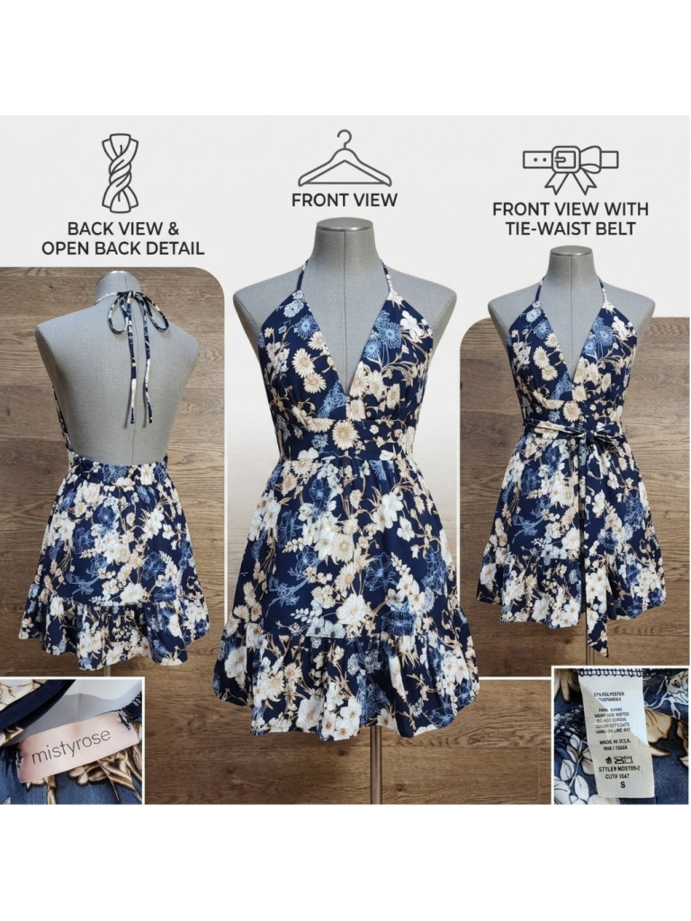Mistyrose Halter Mini Dress S Blue Floral Ruffle Hem Backless Tie Waist Summer